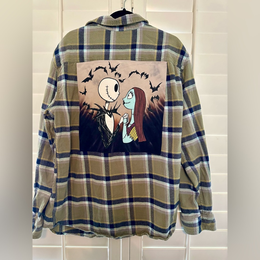 JACK N SALLY NIGHTMARE BEFORE CHRISTMAS spooky horror Upcycled flannel shirt XL
